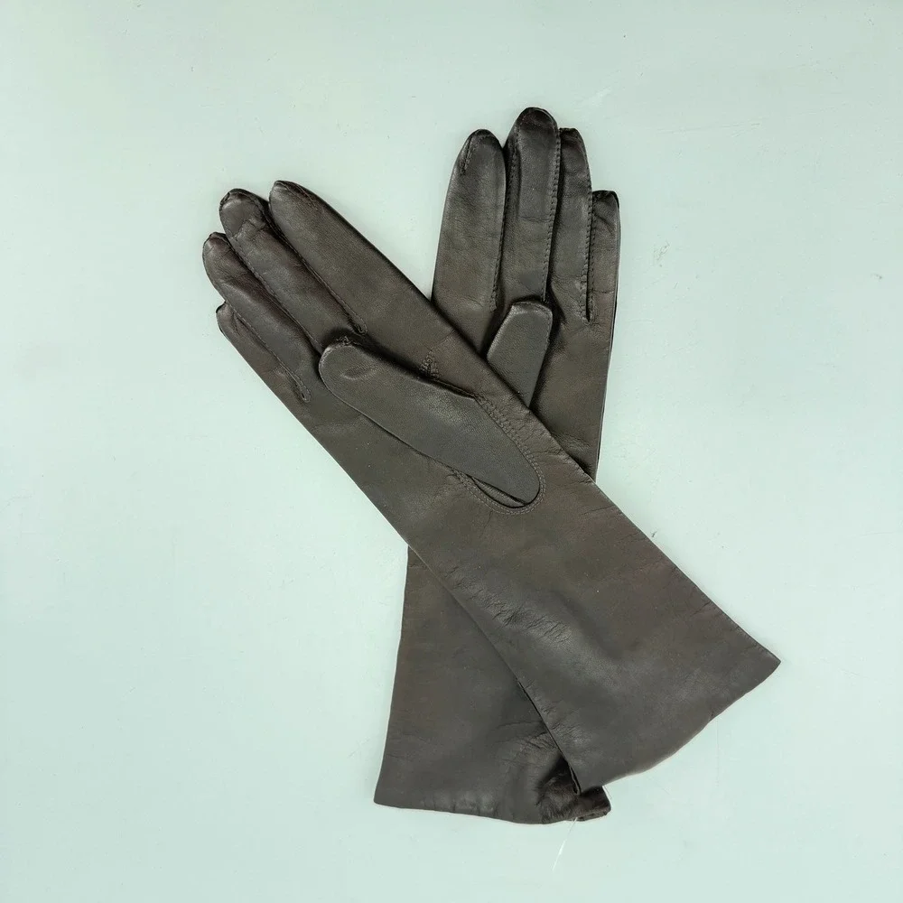 Leather Lined Gloves Women 6.5 Brown Long Cuff Made in Italy Vintage